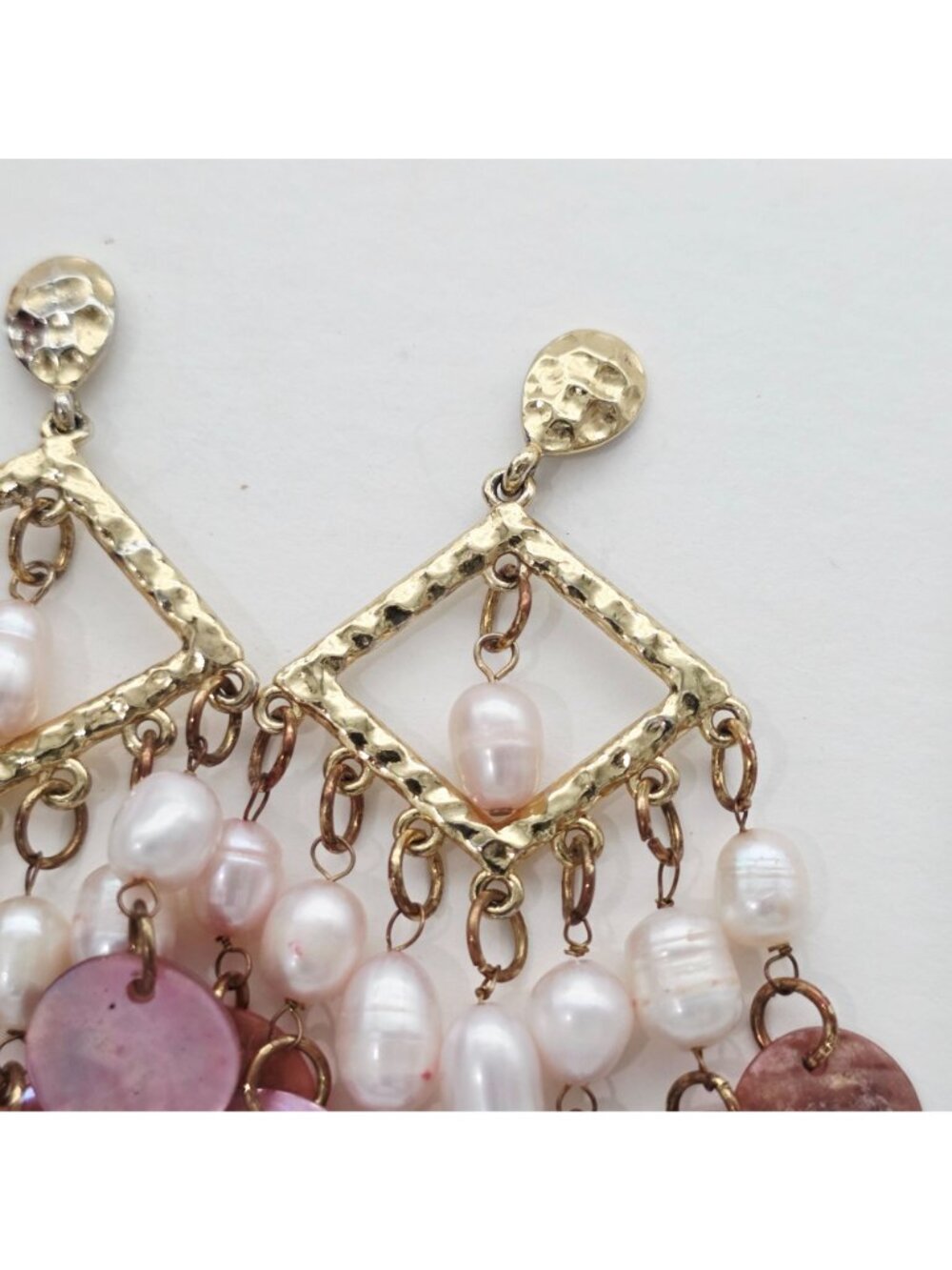 Pink & Gold Chandelier Earrings With Freshwater Pearls & Shell Discs 3" - Picture 5 of 7
